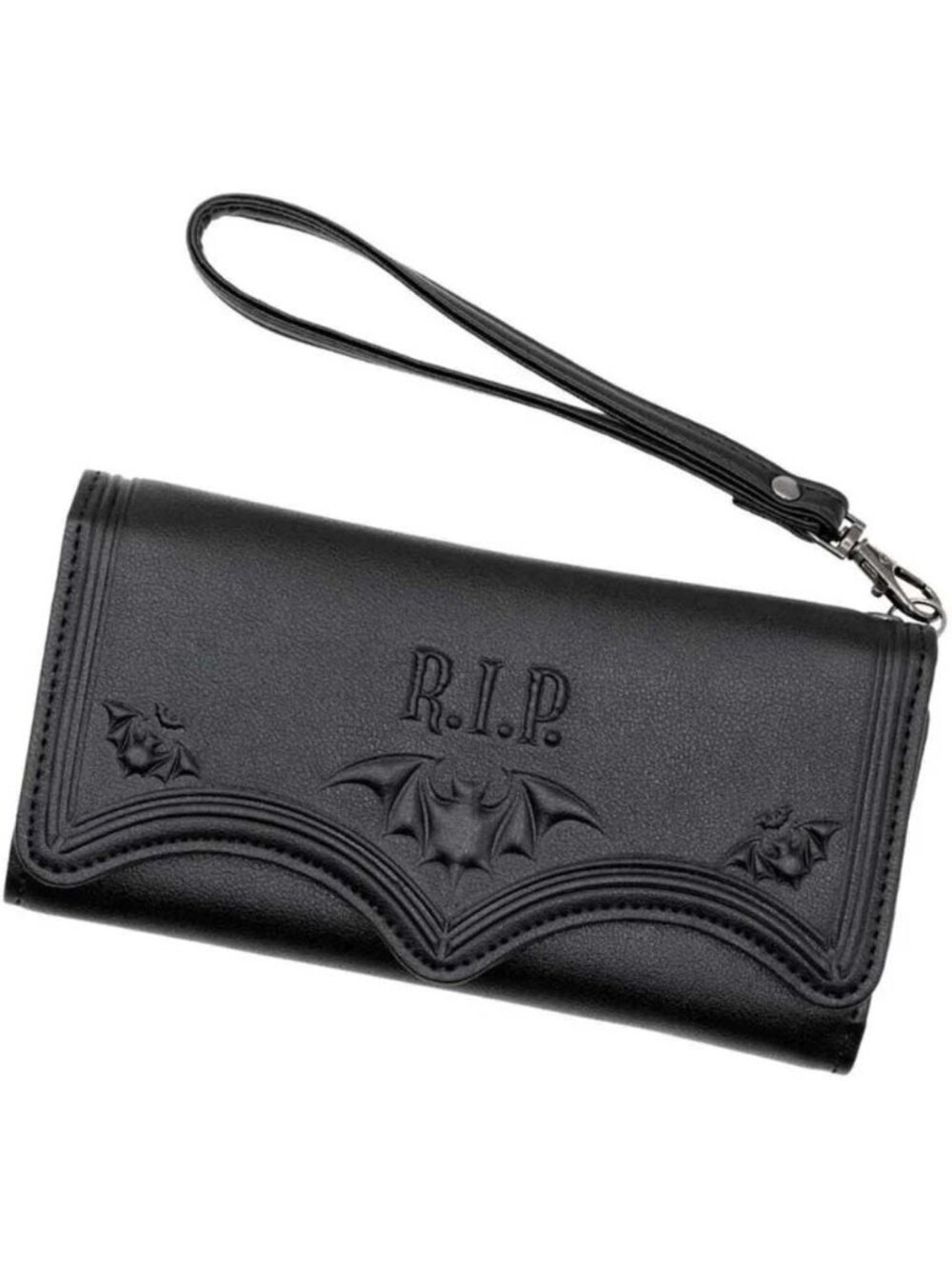 RIP Bats Black Trifold Wallet Vegan Leather Many Card Slots Wriststrap NWT